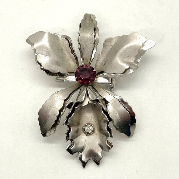 Vintage Silve Tone Brooch & Pendant Orchid With Purple & Clear Rhinestones - Picture 4 of 11